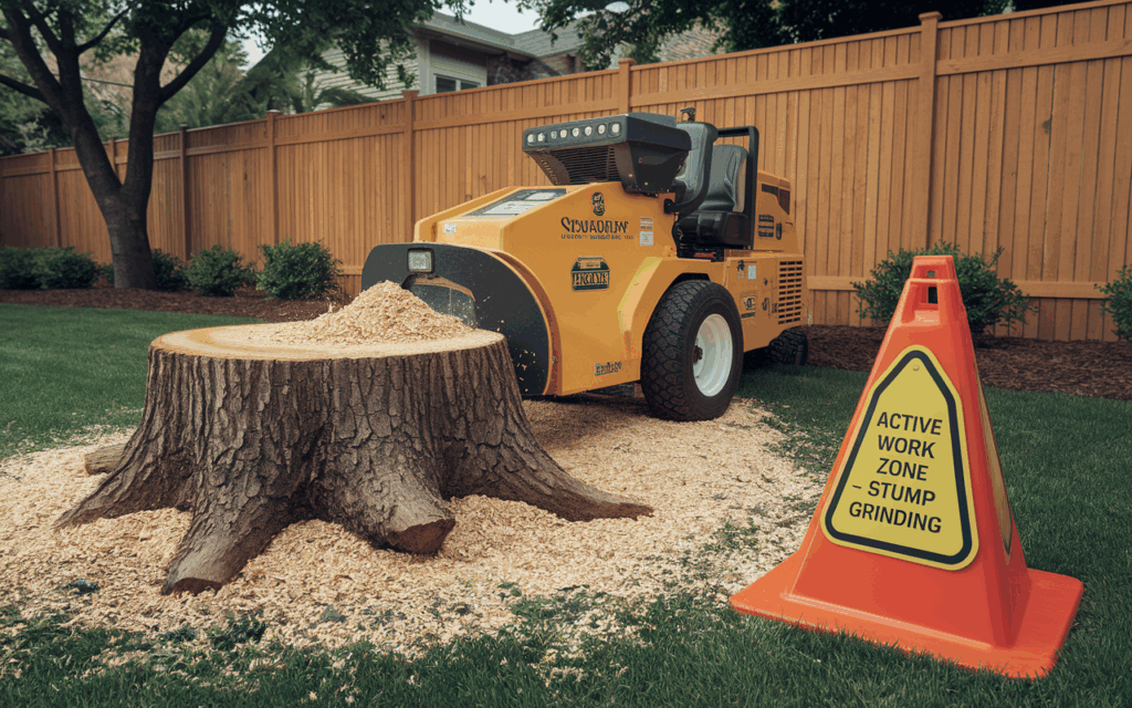 A commercial-grade stump grinder in use at a residential property.