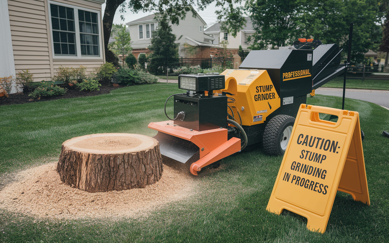professional stump grinder machine in operation on a grassy residential lawn.